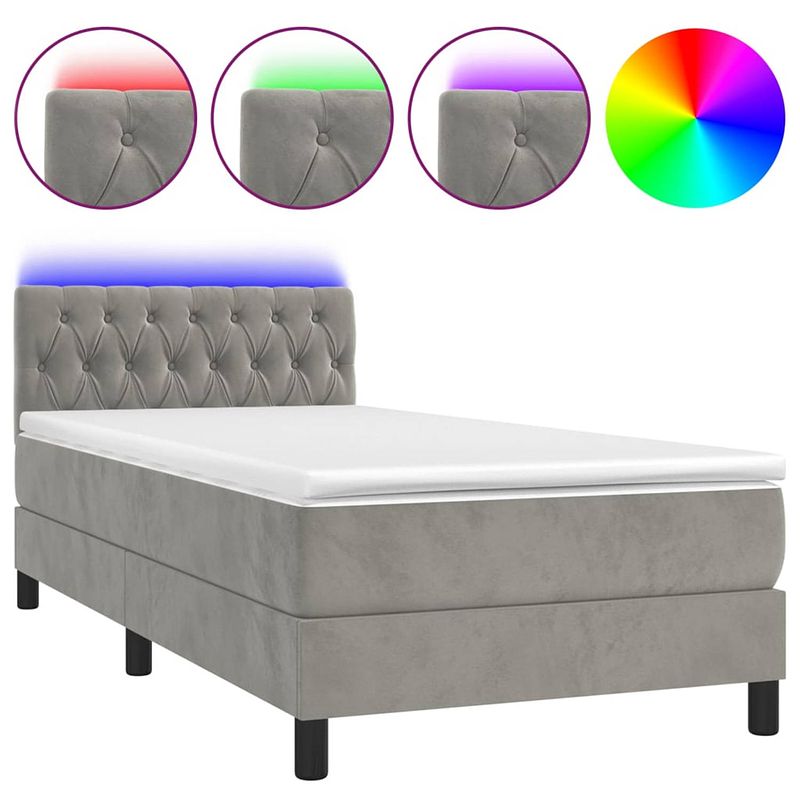 Foto van The living store boxspring met matras en led fluweel lichtgrijs 90x190 cm - bed