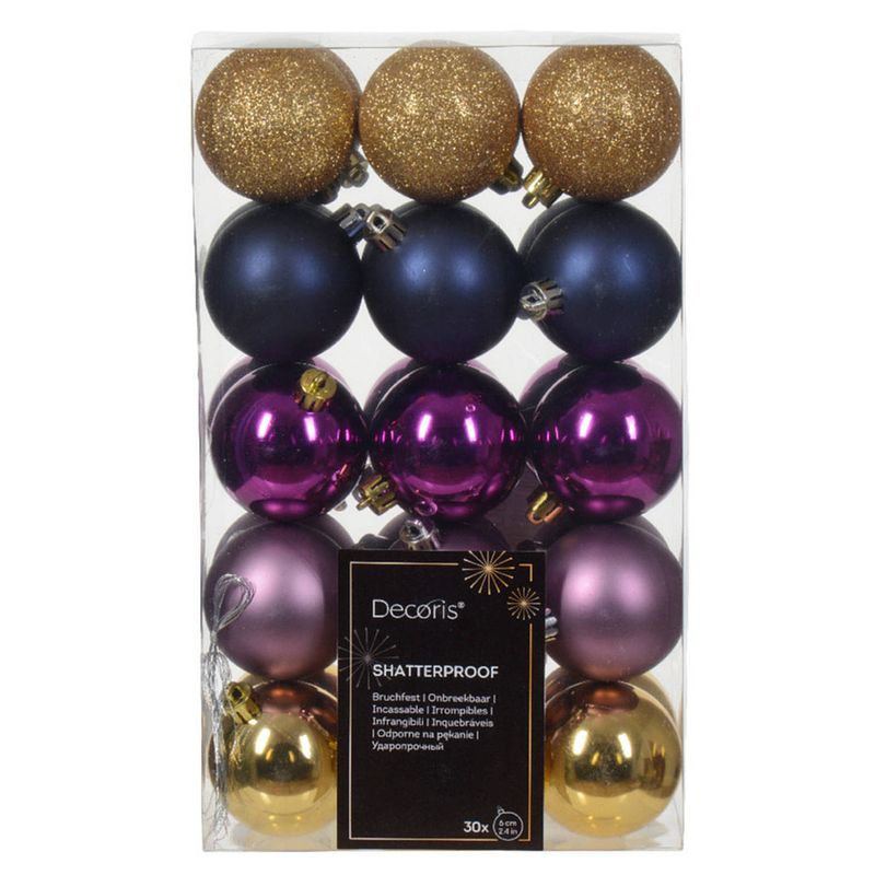 Foto van Decoris kerstballen - 30x -goud/blauw/paars - 6 cm -kunststof - kerstbal