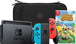 Foto van Nintendo switch rood/blauw + animal crossing new horizons + bluebuilt travel case