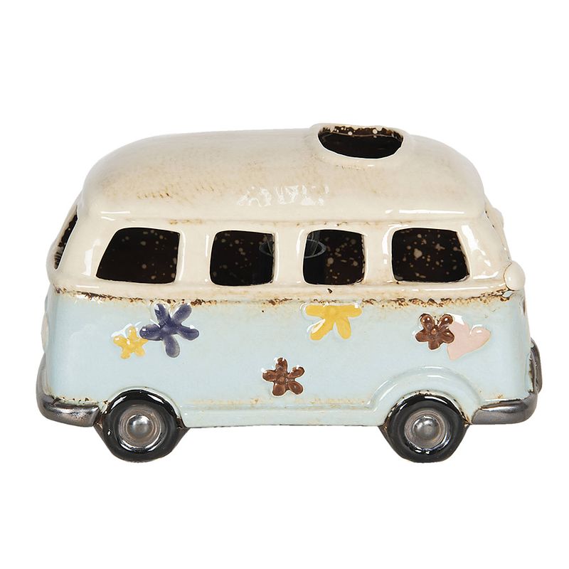 Foto van Haes deco - tafellamp - vintage bestelwagen, 18x10x11 cm - beige / blauw keramiek - bureaulamp, nachtlampje, sfeerlamp