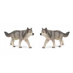 Foto van Set van 2x stuks plastic speelgoed figuur grijze wolf/wolven 12 cm - speelfiguren