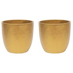 Foto van Plantenpot/bloempot - 2x - keramiek - goud - bladmotief - d18 x h17 cm - plantenpotten