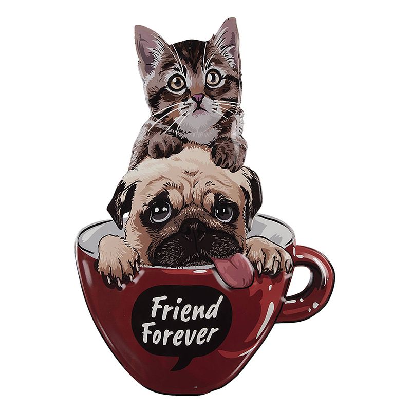 Foto van Clayre & eef tekstbord kat en hond 38x55 cm rood ijzer friend forever wandbord spreuk wandplaat rood wandbord spreuk