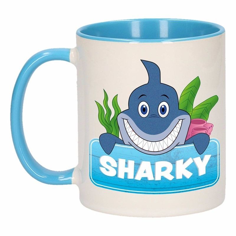 Foto van 1x sharky beker / mok - blauw met wit - 300 ml keramiek - haaien bekers