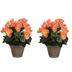 Foto van 2x zalmroze begonia kunstplanten 30 cm in grijze pot - kunstplanten