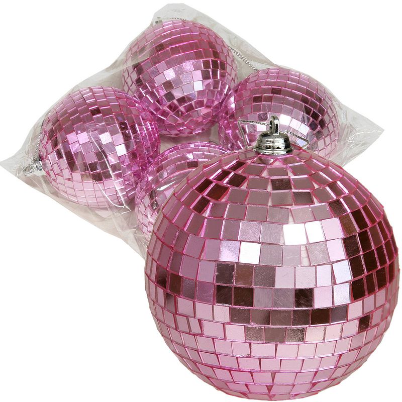 Foto van Othmar decorations disco kerstballen - 4x - roze - 8 cm - kunststof - kerstbal