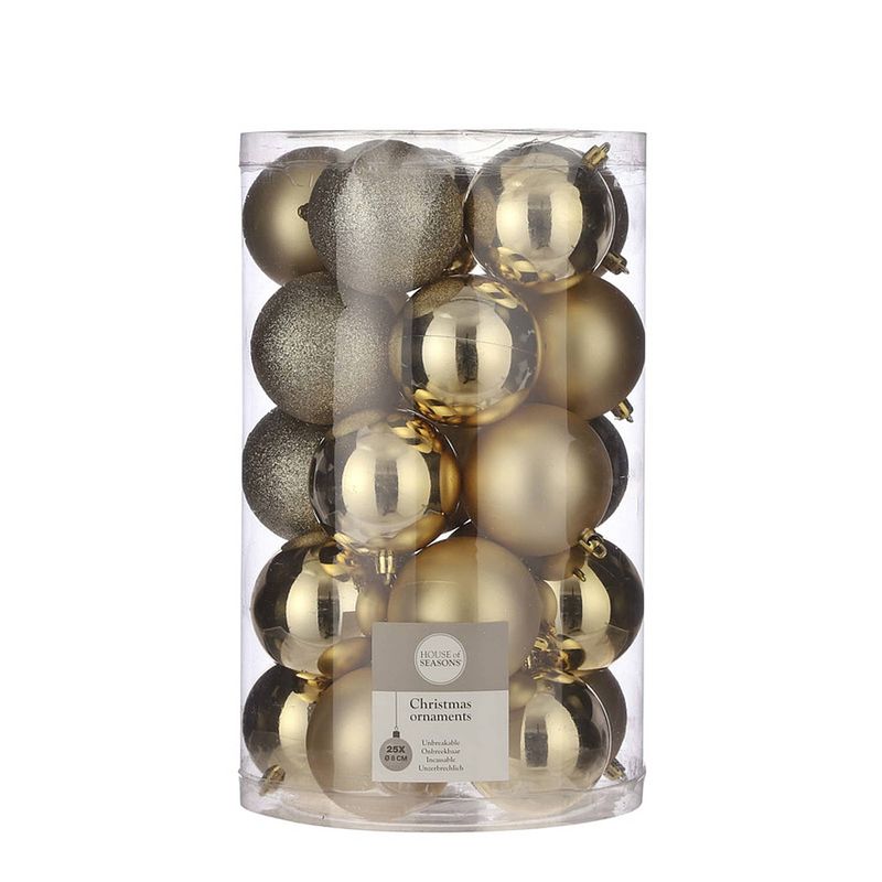 Foto van 25x kunststof kerstballen goud 8 cm - kerstbal