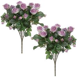 Foto van Louis maes kunstbloemen boeket rozen - 2x - lila paars - h50 cm - bloemstuk - bladgroen - kunstbloemen