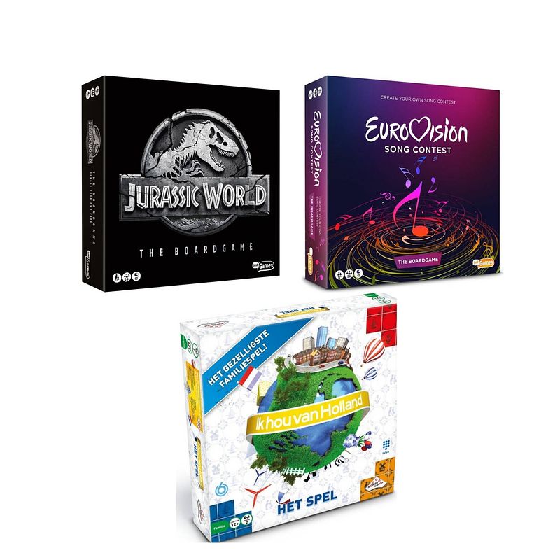 Foto van Spellenset - 3 stuks - jurassic world the boardgame & eurovisie songfestival spel & de slimste mens ter wereld