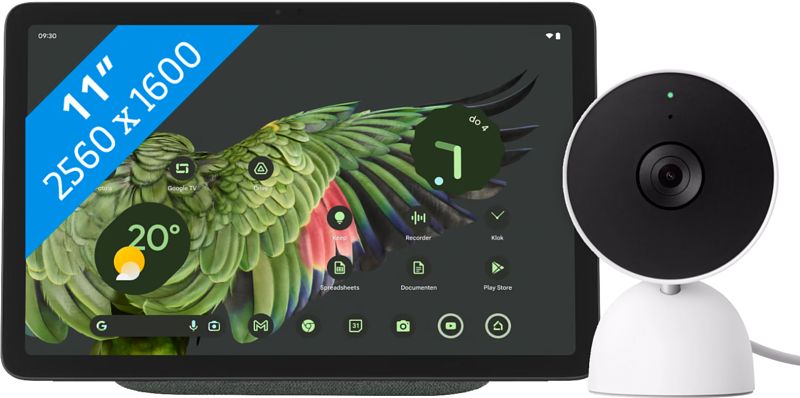 Foto van Google pixel tablet 256gb wifi grijs en dock met speaker + nest cam indoor wired