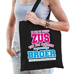 Foto van Trotse zus van geweldige broer cadeau tas zwart voor dames - feest boodschappentassen