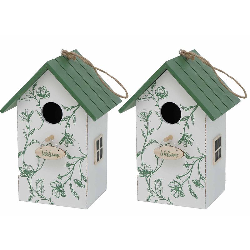 Foto van 2x vogelhuisje/nestkastjes wit/groen hout 22 cm - vogelhuisjes tuindecoraties