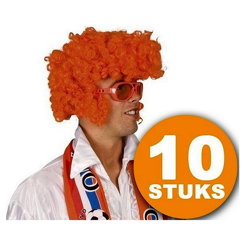 Foto van Oranje pruik 10 stuks oranje feestpruik ""rock star"" feestartikelen oranje hoofddeksel feestkleding ek/wk voetbal