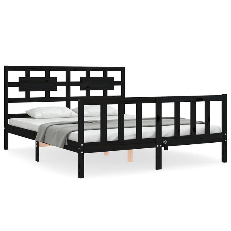 Foto van The living store massief grenenhouten bedframe - zwart - 205.5 x 165.5 x 100 cm - multiplex lattenbodem