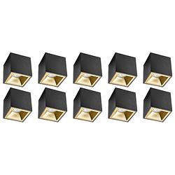 Foto van Opbouwspot 10 pack - pragmi cliron pro - gu10 fitting - opbouw vierkant - mat zwart/goud - aluminium - verdiept - ø90mm