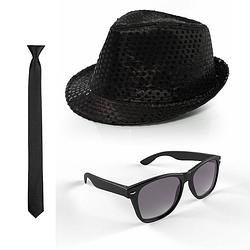 Foto van Carnaval verkleed set glitter hoed/stropdas/party bril zwart - verkleedhoofddeksels