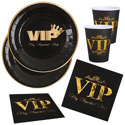 Foto van Vip feest wegwerp servies set - 10x bordjes / 10x bekers / 10x servetten - zwart/goud - feestpakketten