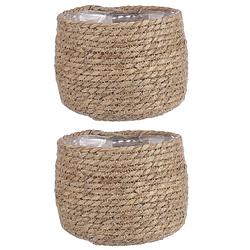 Foto van 2x stuks naturel beige rotan planten pot mand van gedraaid jute/riet h15 en d18 cm - plantenpotten