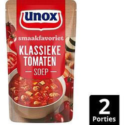 Foto van 2 zakken soep a 570 ml, pakken cupasoup a 3 stuks of single verpakkingen noodles of pasta | unox smaakfavoriet soep in zak klassieke tomaten 570ml aanbieding bij jumbo