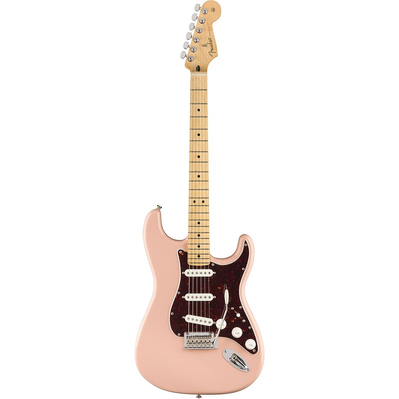 Foto van Fender player stratocaster shell pink mn tortoise pickguard limited edition elektrische gitaar met gigbag