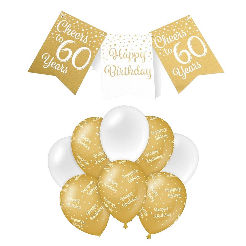 Foto van Paperdreams luxe 60 jaar feestversiering set - ballonnen & vlaggenlijnen - wit/goud - feestpakketten