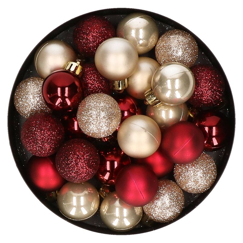 Foto van 28x stuks kunststof kerstballen parel/champagne en donkerrood mix 3 cm - kerstbal