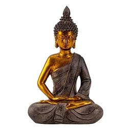 Foto van Boeddha beeldje zittend - binnen/buiten - kunststeen - betongrijs/goud - 26 x 17 cm - beeldjes