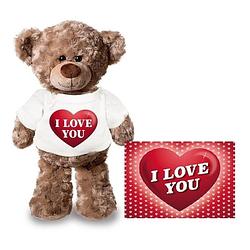 Foto van Valentijnskaart en knuffelbeer 24 cm met i love you hartje shirt - knuffelberen