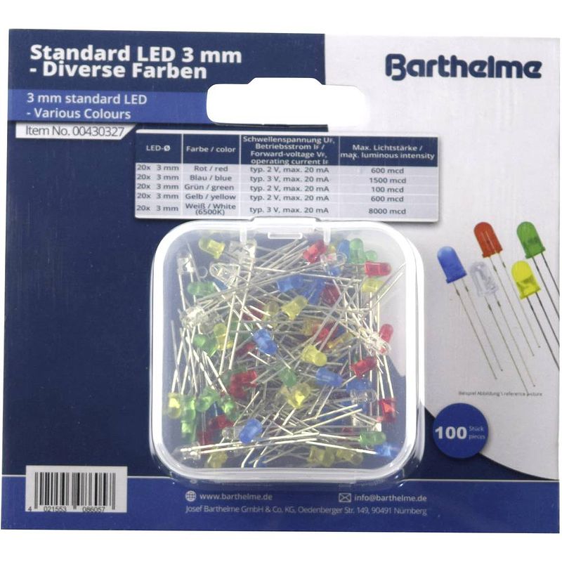 Foto van Barthelme 00430327 led-assortiment rood, blauw, groen, geel, warm-wit rond 3 mm 100 mcd, 600 mcd, 1500 mcd, 9000 mcd 25 °, 30 ° 20 ma 2 v, 3 v