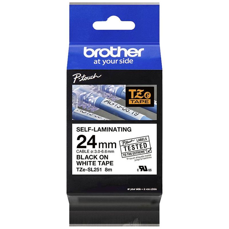 Foto van Brother tzesl251 labeltape extra sterk klevend tapekleur: wit tekstkleur: zwart 24 mm 8 m