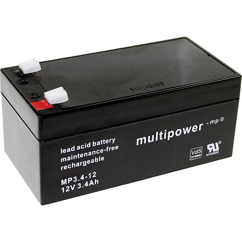 Foto van Multipower pb-12-3,4-4,8 loodaccu 12 v 3.4 ah loodvlies (agm) (b x h x d) 134 x 66.5 x 67 mm kabelschoen 4.8 mm onderhoudsvrij, geringe zelfontlading,