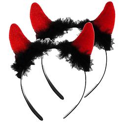 Foto van Halloween duivel hoorntjes diadeem 2x rood plastic met pluche - verkleedhoofddeksels