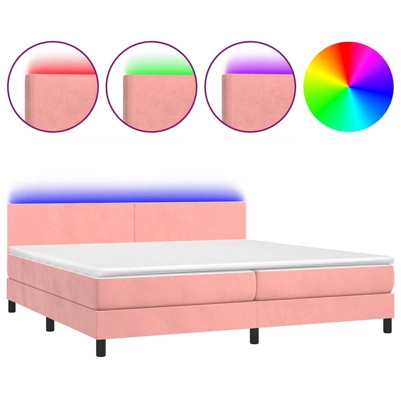 Foto van The living store boxspring - led - fluwelen stof - hoofdbord - pocketvering - huidvriendelijk - roze - 203x200x78/88 cm