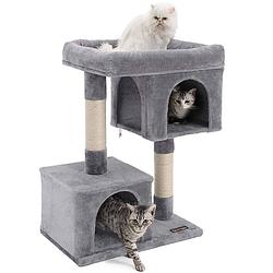 Foto van Katten krabpaal met aparte huisjes en hoge kat mand - 60x40x84cm - grijs