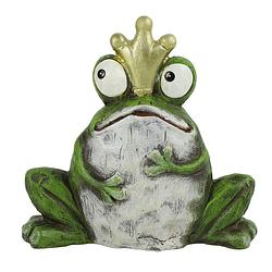 Foto van Tuinbeeld kikker met kroontje - kunststeen - h15.5 cm - groen - de kikkerkoning van uw tuin - tuinbeelden