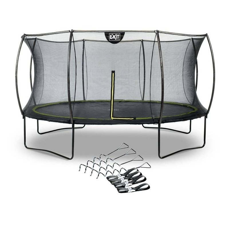 Foto van Exit - trampoline met veiligheidsnet en verankeringsset - op poten - silhouette - rond - ø427cm - zwart