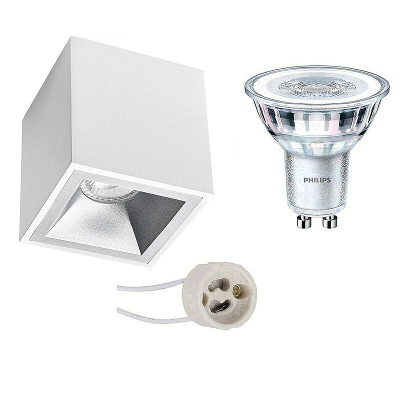 Foto van Opbouwspot set - pragmi cliron pro - gu10 fitting - opbouw vierkant - mat wit/zilver - verdiept - 90mm - philips -