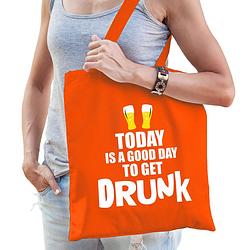 Foto van Good day to get drunk bier supporter cadeau tas oranje voor dames en heren - feest boodschappentassen