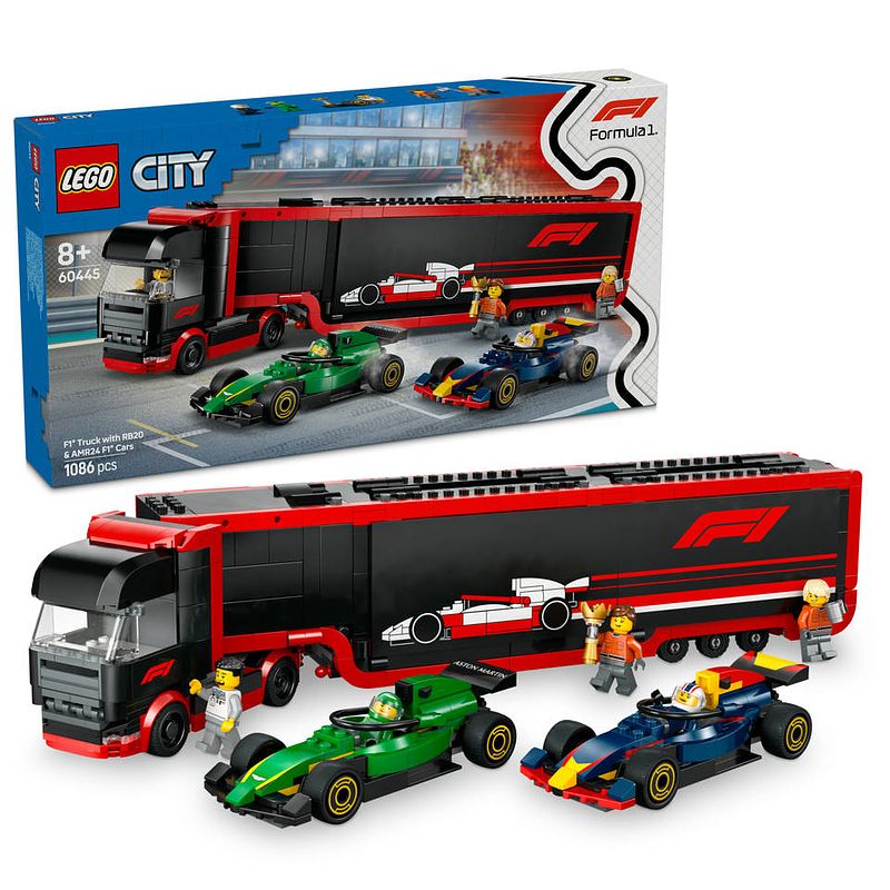 Foto van Lego city f1 truck met rb20 en amr24 f1 auto's 60445