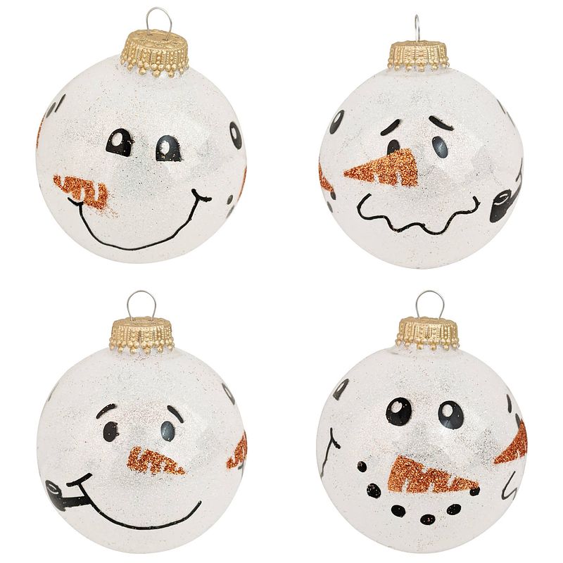 Foto van 12x glazen witte glitter kerstballen met sneeuwpop 7 cm - kerstbal