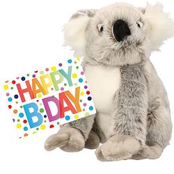 Foto van Pluche knuffel koala beer 25 cm met a5-size happy birthday wenskaart - knuffeldier