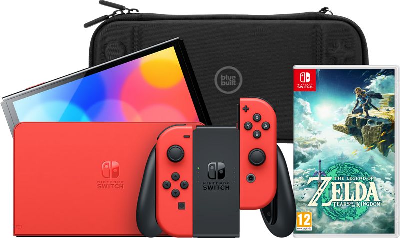 Foto van Nintendo switch oled super mario editie + zelda: tears of the kingdom + bluebuilt hoes