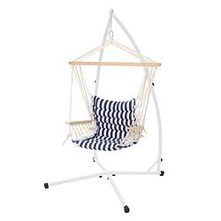 Foto van Design hangstoel blauw/wit, 45x100x43 cm, gemaakt van katoen/hardhout, belastbaar tot 120 kg