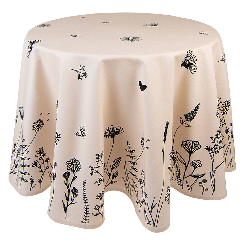 Foto van Clayre & eef rond tafelkleed ø 170 cm beige zwart katoen bloemen tafellaken tafellinnen tafeltextiel beige tafellaken