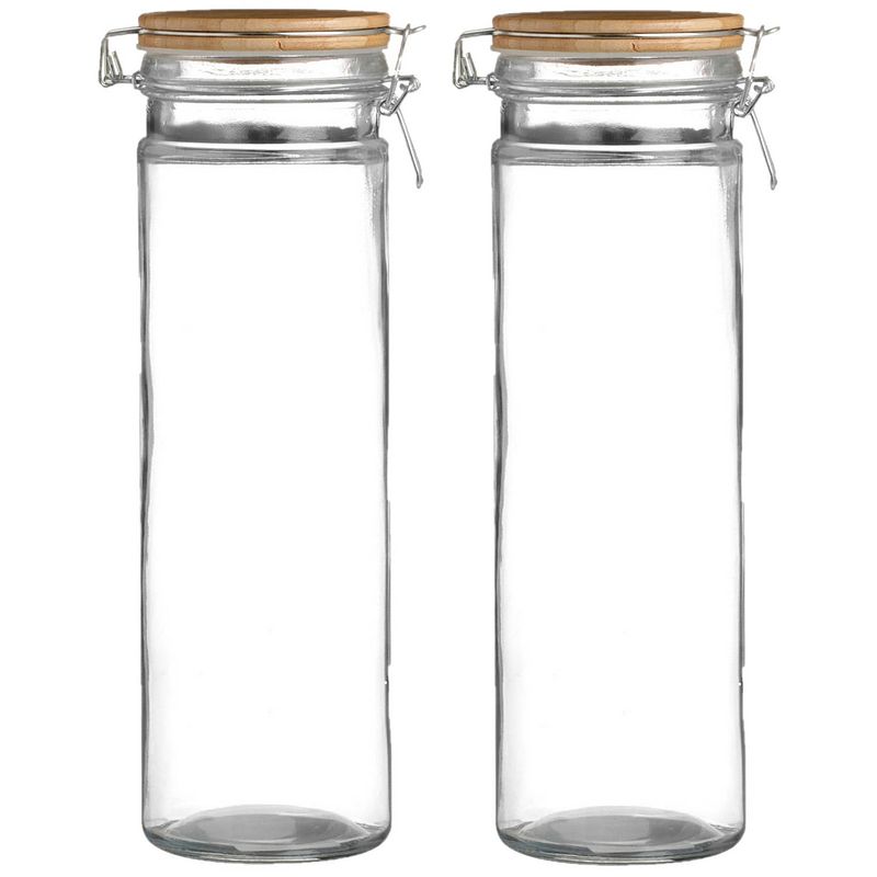 Foto van Urban living voorraadpot/bewaarpot - 2x - 1,9l - glas - met beugelsluiting - bamboe deksel - voorraadpot