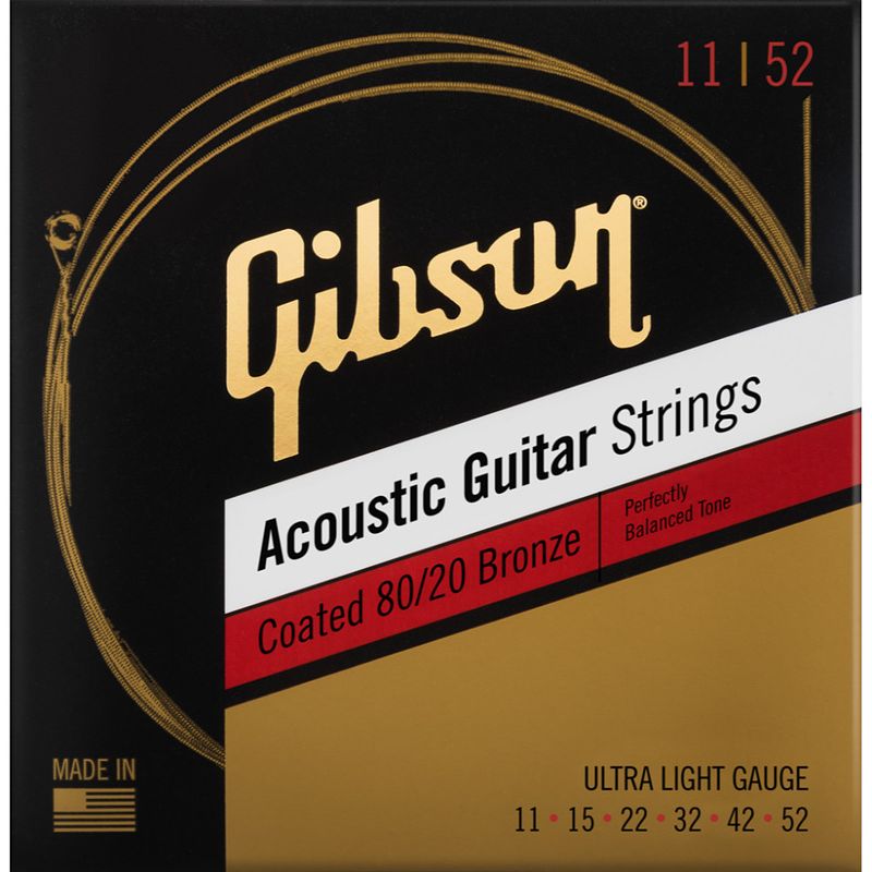 Foto van Gibson coated 80/20 bronze acoustic guitar strings ultra light snaren voor westerngitaar