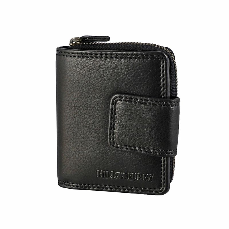 Foto van Hillburry compacte dames portemonnee met clip en rits - leren portefeuille - klein model - rfid - leer - zwart