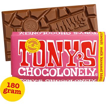 Foto van 2 voor € 4,50 | tony's chocolonely melk karamel biscuit chocolade reep 180g aanbieding bij jumbo