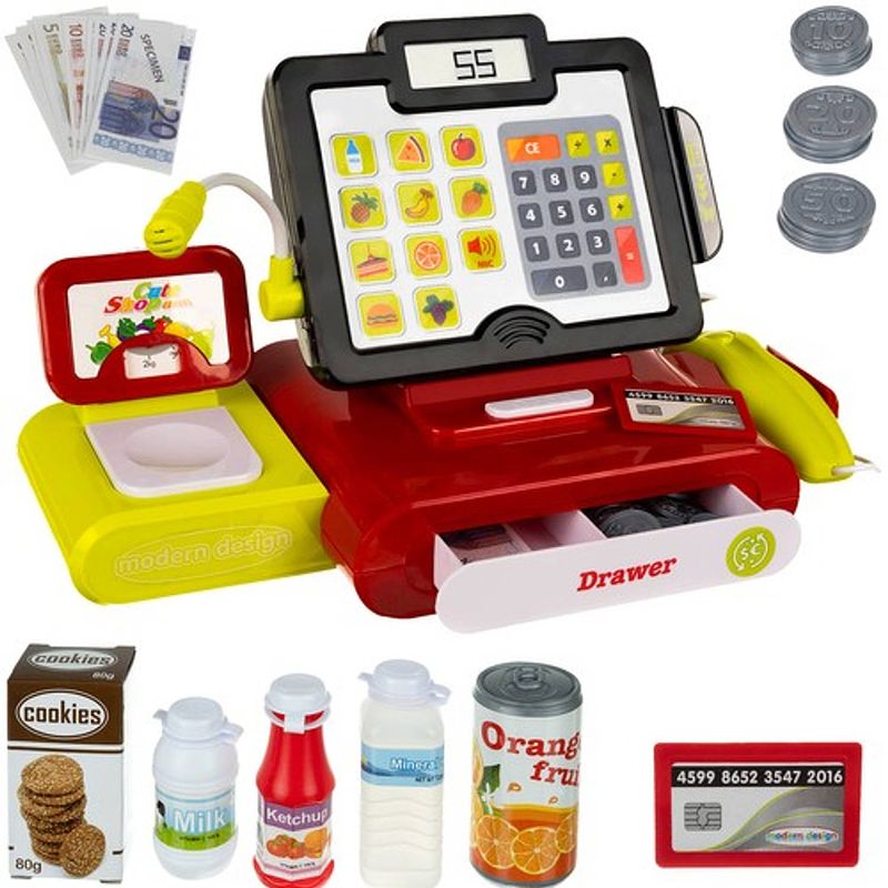 Foto van 12-delige speelgoedkassa voor kinderen met lcd touchscreen, rekenmachine en accessoires