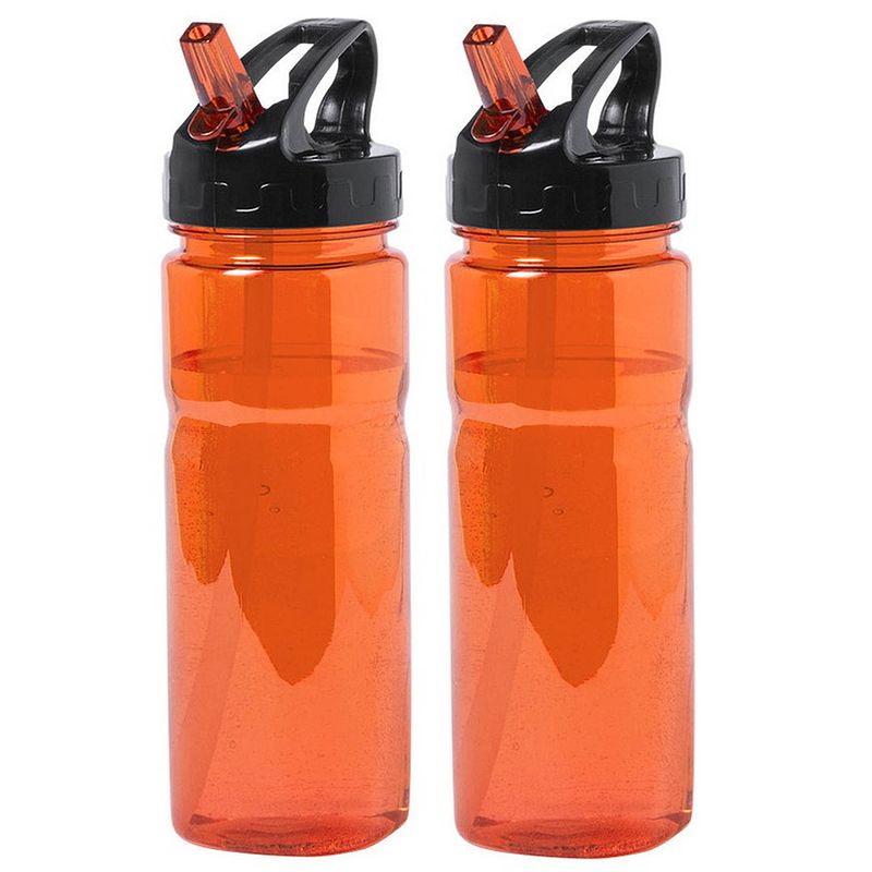 Foto van Kunststof waterfles/drinkfles/sportfles - 2x - oranje - met drinktuit - 650 ml - drinkflessen